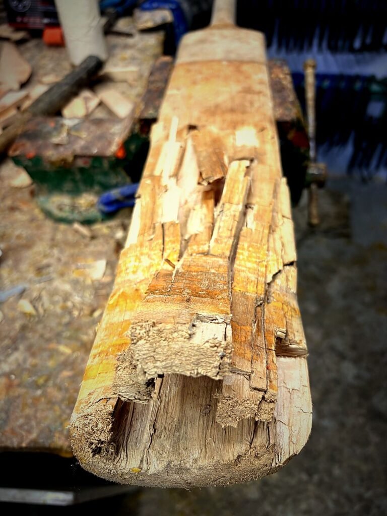 Badly broken cricket bat — before repair
